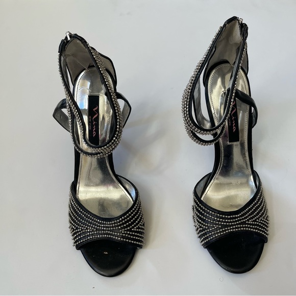 Black Rhinestone Embellished Open-toe Strappy Stiletto Heels - Picture 3 of 13